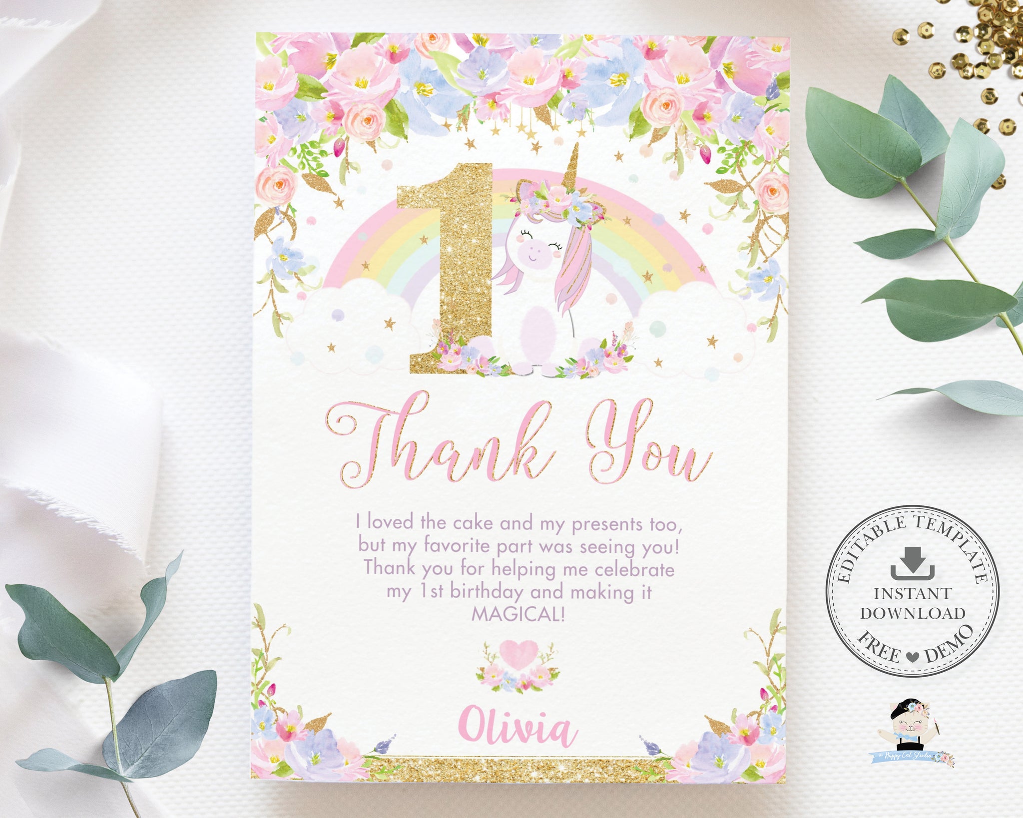 cute rainbow floral unicorn 1st first turning one Birthday party thank you note card Editable Template Digital Printable File Instant Download PDF cute unicorn 1st birthday party numeral thank you card editable