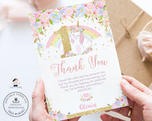 Load image into Gallery viewer, Cute Unicorn 1st Birthday Party Numeral Thank You Card Editable Template - Digital Printable File - Instant Download - UB3