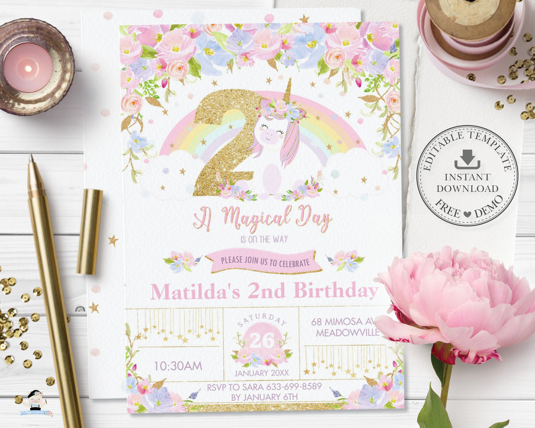 Cute Rainbow Unicorn 2nd Second Birthday Party Turning Two Invitation Editable Template - Digital Printable File - Instant Download - UB3