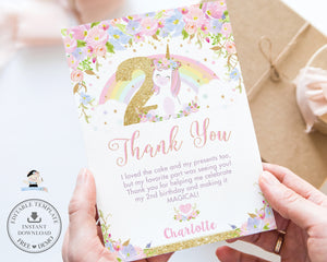 Cute Unicorn 2nd Birthday Party Numeral Thank You Card Editable Template - Digital Printable File - Instant Download - UB3