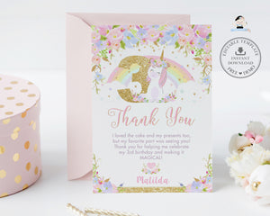 Cute Unicorn 3rd Birthday Party Numeral Thank You Card Editable Template - Digital Printable File - Instant Download - UB3