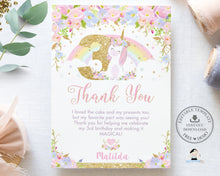 Load image into Gallery viewer, Cute Unicorn 3rd Birthday Party Numeral Thank You Card Editable Template - Digital Printable File - Instant Download - UB3