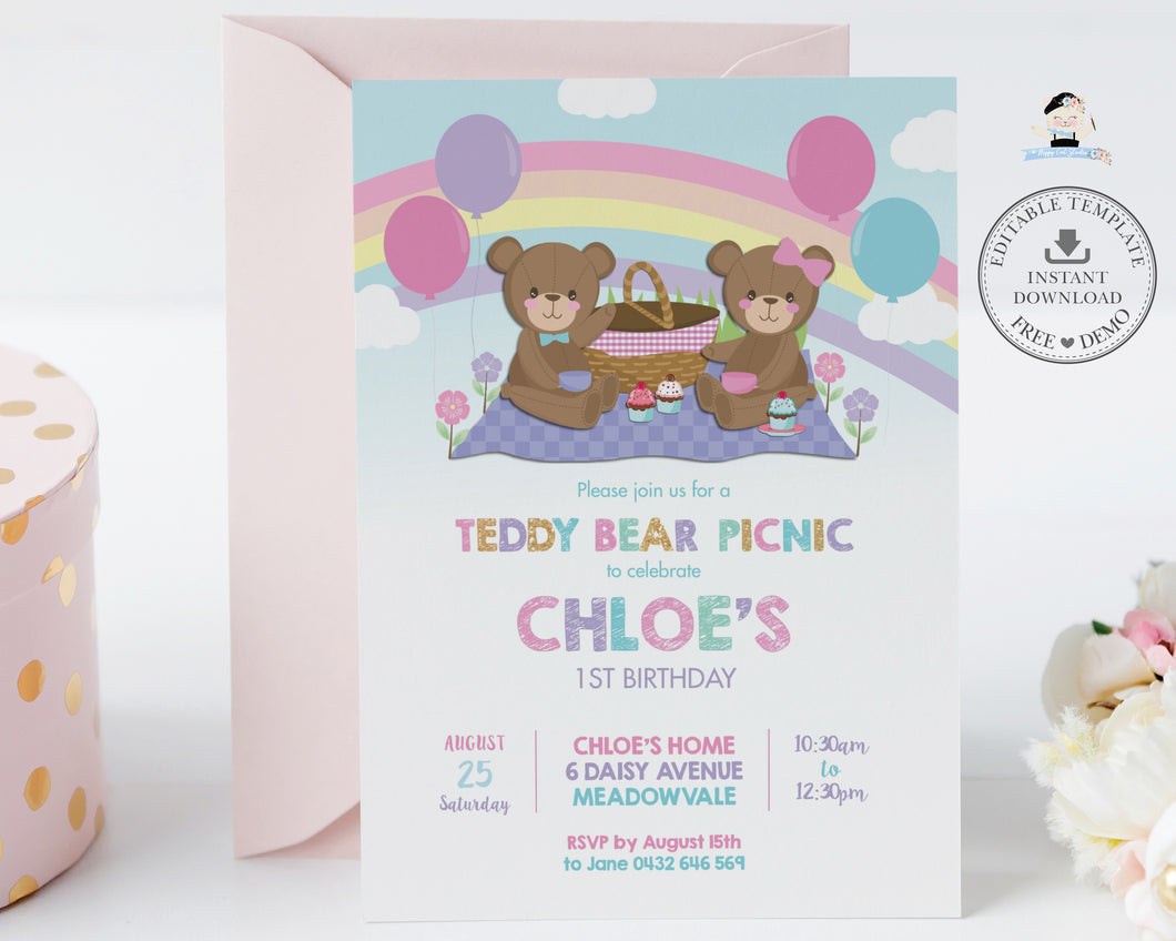 Cute Teddy Bear Picnic Birthday Party Invitation Editable Template - Digital Printable File - Instant Download - TB2