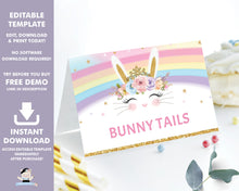 Load image into Gallery viewer, Rainbow Princess Bunny Rabbit Food Tents Place Cards Editable Template - Instant Download Digital Printable File - CB5