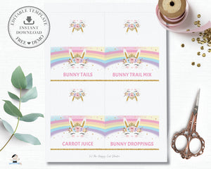 Rainbow Princess Bunny Rabbit Food Tents Place Cards Editable Template - Instant Download Digital Printable File - CB5