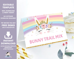 Rainbow Princess Bunny Rabbit Food Tents Place Cards Editable Template - Instant Download Digital Printable File - CB5