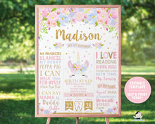 Load image into Gallery viewer, Cute Unicorn Pastel Floral 1st Birthday Milestone Sign Birth Stats Poster - Editable Template Digital Printable File - Instant Download - UB7