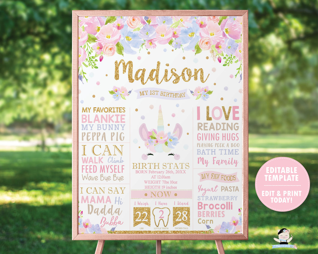 Cute Unicorn Pastel Floral 1st Birthday Milestone Sign Birth Stats Poster - Editable Template Digital Printable File - Instant Download - UB7
