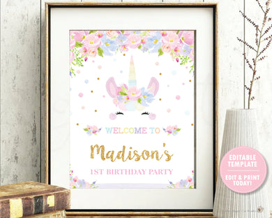 Cute Unicorn Pastel Floral 1st Birthday Welcome Sign - Editable Template Digital Printable File - Instant Download - UB7