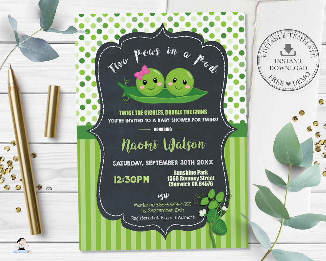 Cute Two Peas in a Pod Twins Boy Girl Baby Shower Invitation Editable Template - Digital Printable File - Instant Download - PB1