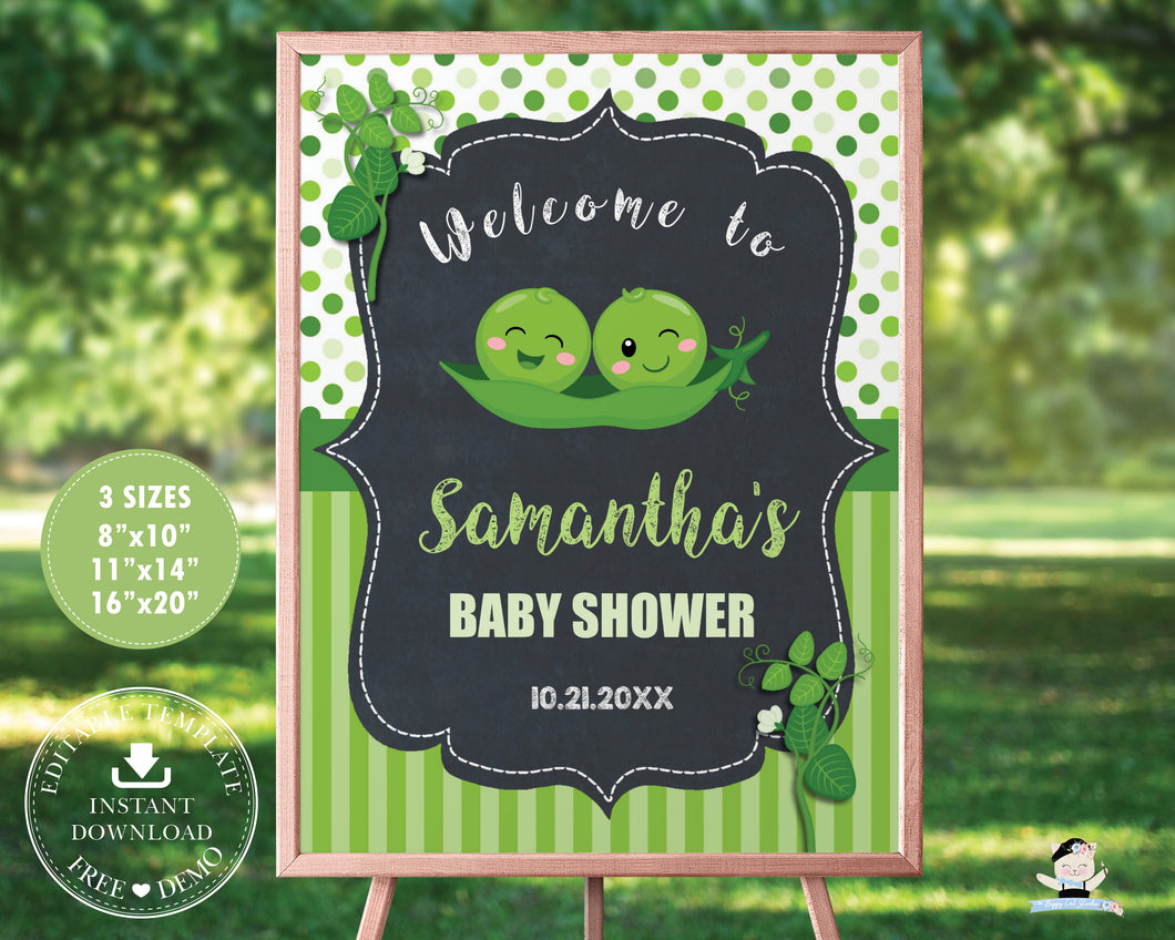 Two Peas in a Pod Twin Boys Baby Shower Welcome Sign Editable Template - Instant Download - Digital Printable File - PB1