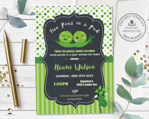 Cute Two Peas in a Pod Twins Gender Neutral Boys Baby Shower Invitation Editable Template - Digital Printable File - Instant Download - PB1