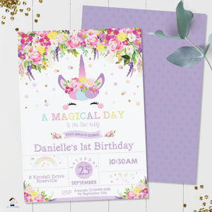 Purple Floral Cute Unicorn Birthday Party Invitation Editable Template - Instant Download - Digital Printable File - UB9