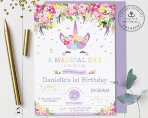 Purple Floral Cute Unicorn Birthday Party Invitation Editable Template - Instant Download - Digital Printable File - UB9