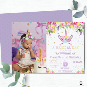 Purple Floral Cute Unicorn Birthday Party Photo Invitation Editable Template - Instant Download - Digital Printable File - UB9