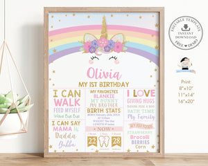 Cute Rainbow Unicorn 1st Birthday Milestone Sign Birth Stats Editable Template - Digital Printable File - Instant Download - RU1