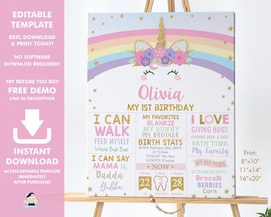 Cute Rainbow Unicorn 1st Birthday Milestone Sign Birth Stats Editable Template - Digital Printable File - Instant Download - RU1