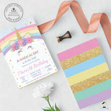 Load image into Gallery viewer, Cute Rainbow Unicorn Birthday Party Invitation Editable Template - Digital Printable File - Instant Download - RU1