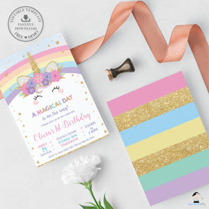Cute Rainbow Unicorn Birthday Party Invitation Editable Template - Digital Printable File - Instant Download - RU1