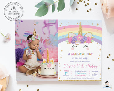 Cute Rainbow Unicorn Birthday Party Photo Invitation Editable Template - Digital Printable File - Instant Download - RU1