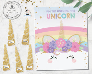 Cute Rainbow Unicorn Pin the Horn on the Unicorn Birthday Party Game - Instant Download - Digital Printable File - RU1