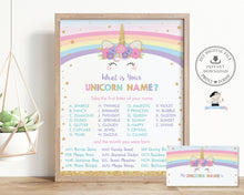 Load image into Gallery viewer, What Is Your Unicorn Name Birthday Party Fun Game Sign and Card - Digital Printable File - Instant Download - RU1
