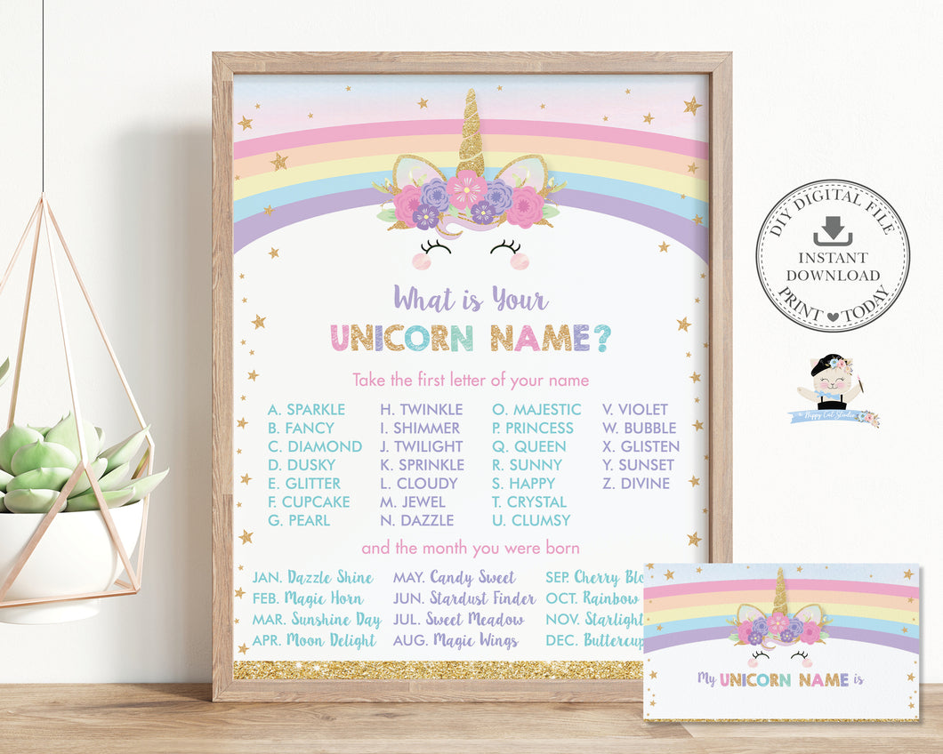 What Is Your Unicorn Name Birthday Party Fun Game Sign and Card - Digital Printable File - Instant Download - RU1