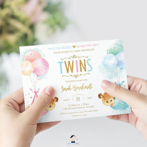Cute Baby Bears Baby Shower Invitation Twins Baby Boy and Girl  - Editable Template - Instant Download - TB5