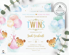 Load image into Gallery viewer, Cute Baby Bears Baby Shower Invitation Twins Baby Boy and Girl  - Editable Template - Instant Download - TB5