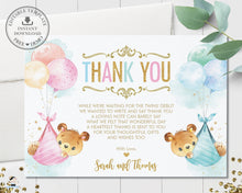 Load image into Gallery viewer, Cute Teddy Bears Twins Boy Girl Thank You Card Editable Template - Instant Download Digital Printable File - TB5