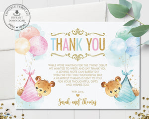 Cute Teddy Bears Twins Boy Girl Thank You Card Editable Template - Instant Download Digital Printable File - TB5