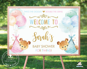 Cute Bears Twins Boy Girl Baby Shower Welcome Sign Editable Template - Instant Download - Digital Printable File - TB5