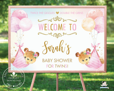 Cute Teddy Bears Twin Girls Baby Shower Welcome Sign - Editable Template - Digital Printable File - Instant Download - TB5