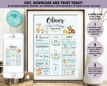 Load image into Gallery viewer, Cute Woodland Animals Blue Boy 1st Birthday Milestone Sign Birth Stats - Editable Template - Digital Printable File - Instant Download