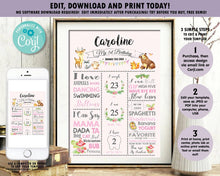 Load image into Gallery viewer, Cute Woodland Animals Pink Girl 1st Birthday Milestone Sign Birth Stats - Editable Template - Digital Printable File - Instant Download