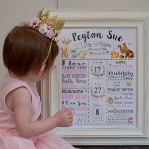 Cute Woodland Animals Pink Girl 1st Birthday Milestone Sign Birth Stats - Editable Template - Digital Printable File - Instant Download