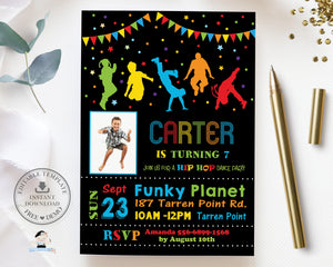 Vibrant Neon Hip Hop Dance Birthday Party Photo Invitation Editable Template - Digital Printable Files - Instant Download - DP3