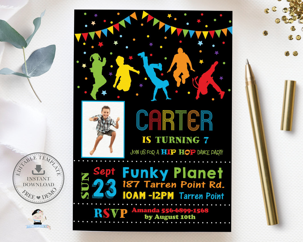 Vibrant Neon Hip Hop Dance Birthday Party Photo Invitation Editable Template - Digital Printable Files - Instant Download - DP3