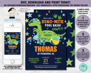 Dinosaur Pool Birthday Party Personalized Invitation - Instant EDITABLE TEMPLATE - DP1