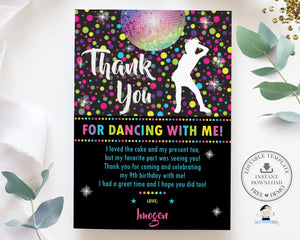 Vibrant Neon Disco Party Girl Thank You Note Card Editable Template - Digital Printable File - Instant Download - DP2
