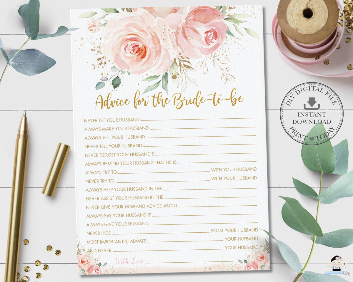 Chic Blush Pink Floral Advice for the Bride to be Bridal Shower Activi ...