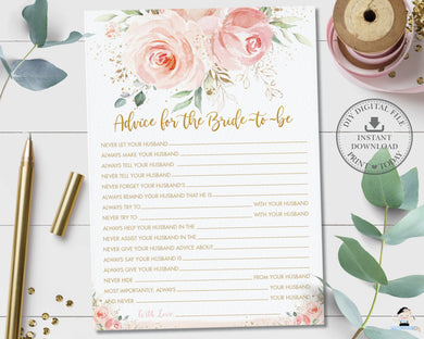 Chic Blush Pink Floral Advice for the Bride to be Bridal Shower Activity - Instant Download - Digital Printable File - PK5