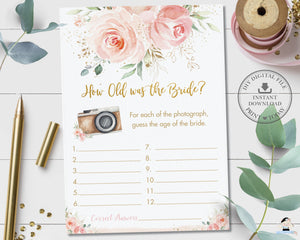 Chic Blush Pink Floral How Old Was the Bride Bridal Shower Game Activity - Instant Download - Digital Printable File - PK5