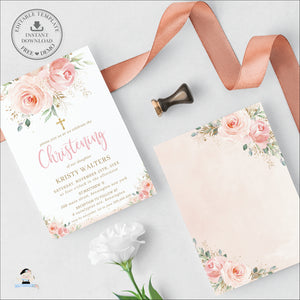 Elegant Blush Pink Floral Christening / Baptism Invitation Editable Template - Digital Printable File - Instant Download - PK5
