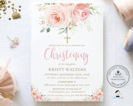 Elegant Blush Pink Floral Christening / Baptism Invitation Editable Template - Digital Printable File - Instant Download - PK5