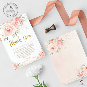 Chic Elegant Blush Pink Roses Floral Thank You Card Editable Template -  Digital Printable File - Instant Download - PK5