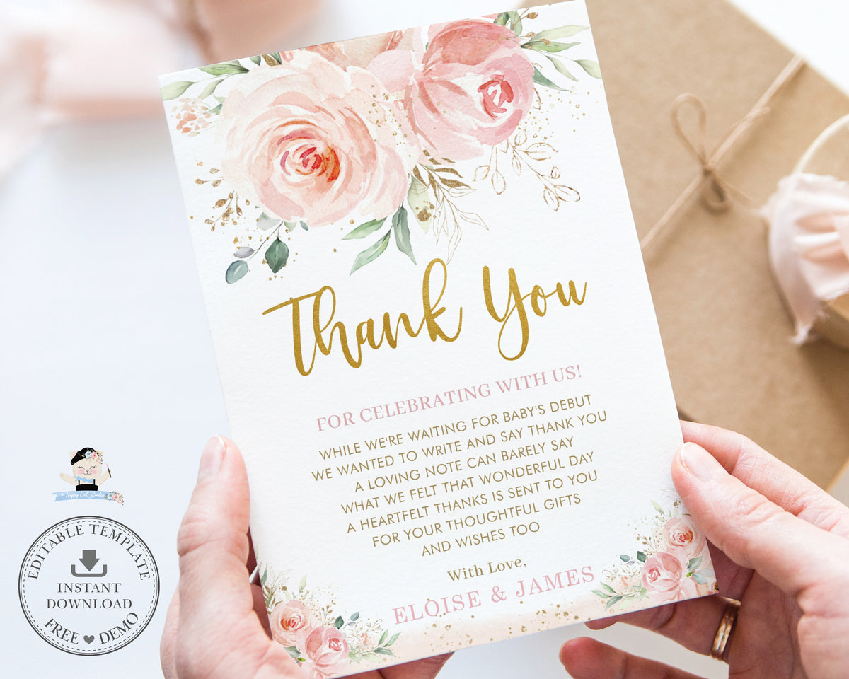 Chic Elegant Blush Pink Roses Floral Thank You Card Editable Template ...