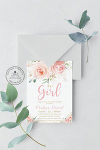 Elegant Blush Pink Floral Gold Baby Shower Invitation Editable Template - Digital Printable File - Instant Download - PK5