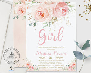Elegant Blush Pink Floral Gold Baby Shower Invitation Editable Template - Digital Printable File - Instant Download - PK5