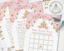 Load image into Gallery viewer, Pink Floral Princess Carriage Baby Shower Game Bundle, Find Guest, Bingo, Emoji, Nursery Rhyme He She Said Printable, INSTANT DOWNLOAD PU2
